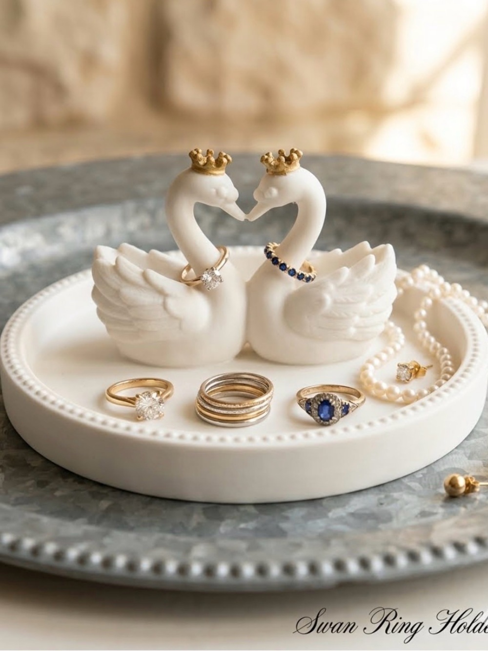 Hand Crafted 3D Printed White Swan Ring Dish/Trinket Tray with Gold Crowns NWOT